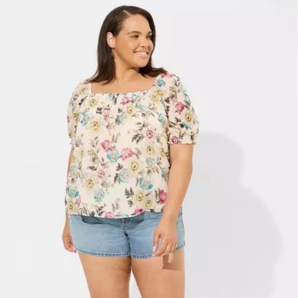 TORRID Floral Kentucky Derby Chiffon Clip‎ Dot Blouson Short Sleeve Blouse - Picture 3 of 8